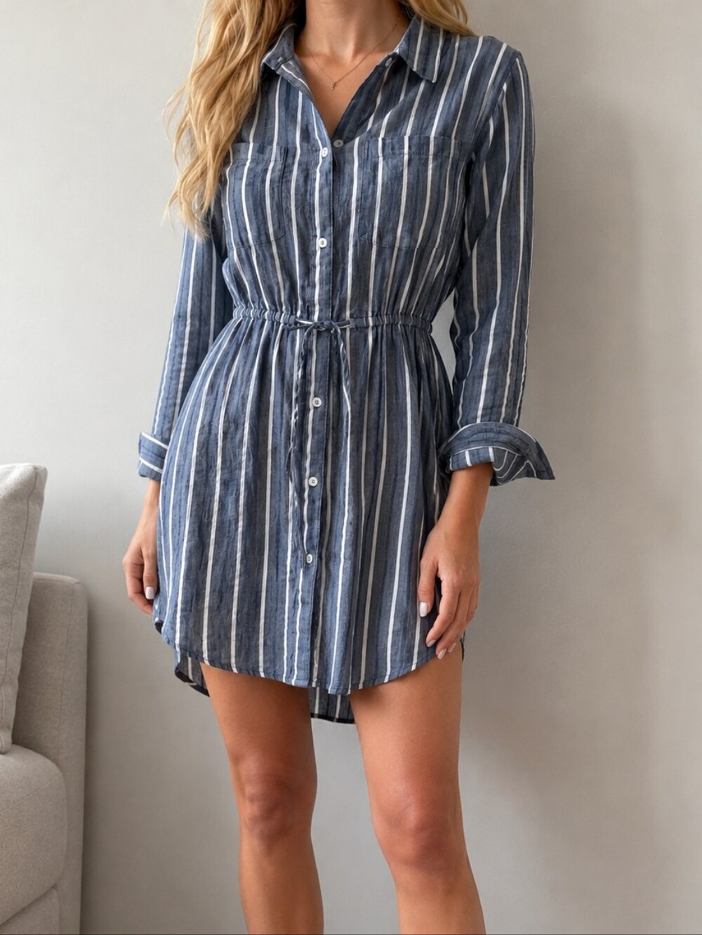 Striped Navy and White Button-Front Shirt Dress Japna Size M Women's